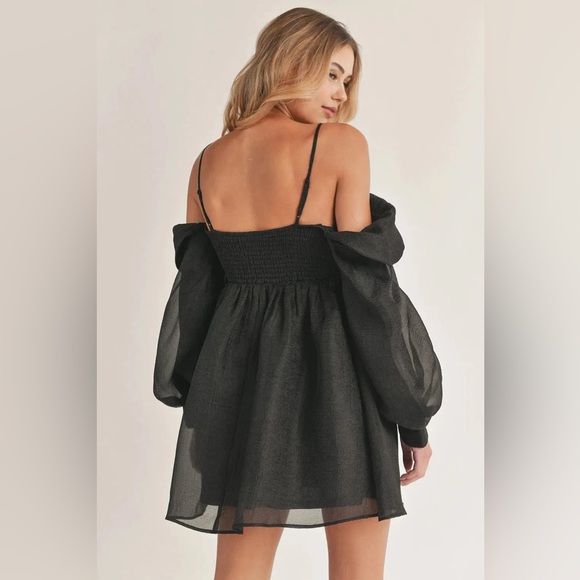 Black Bubble Off-Shoulder Long Sleeve Mini Dress - Picture 3 of 3